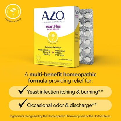 AZO Yeast Plus Dual Homöopathische Hefepilzinfektion Symptomlinderung für Frauen – Vaginaler Juckreiz & Brennen + Geruch & Ausfluss, Intimgesundheit Tabletten, 2er-Pack (60 Stück x2), von der #1 Vaginalgesundheitsmarke!
