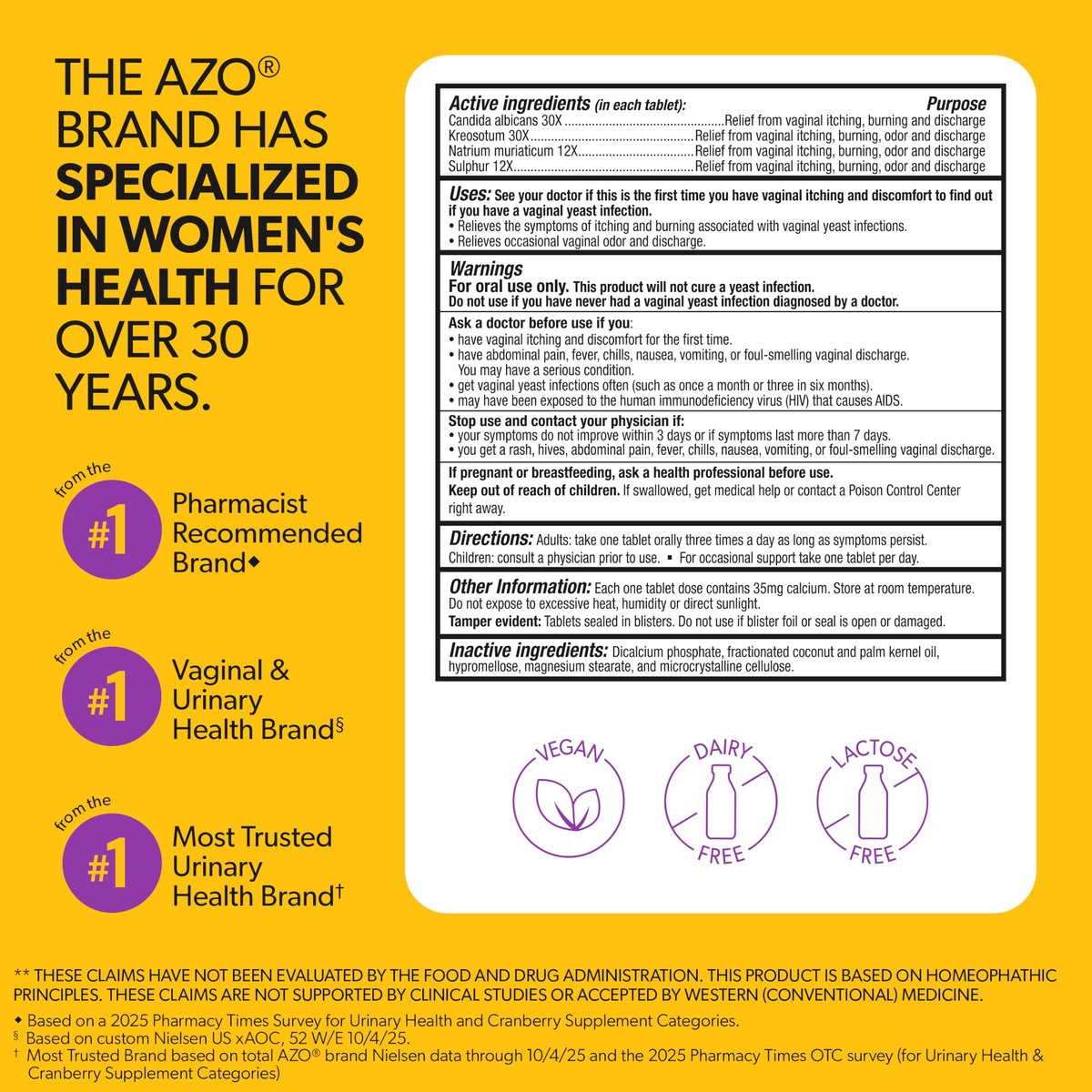 AZO Yeast Plus Dual Homöopathische Hefepilzinfektion Symptomlinderung für Frauen – Vaginaler Juckreiz & Brennen + Geruch & Ausfluss, Intimgesundheit Tabletten, 2er-Pack (60 Stück x2), von der #1 Vaginalgesundheitsmarke!