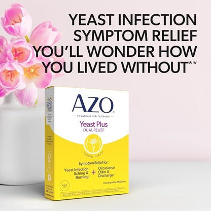 AZO Yeast Plus Dual Homöopathische Hefepilzinfektion Symptomlinderung für Frauen – Vaginaler Juckreiz & Brennen + Geruch & Ausfluss, Intimgesundheit Tabletten, 2er-Pack (60 Stück x2), von der #1 Vaginalgesundheitsmarke!