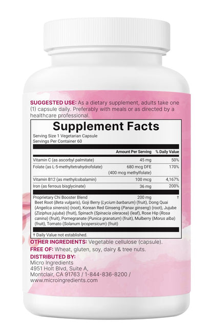 Micro Ingredients Blut-Booster+ Eisenpräparat, 60 vegane Kapseln | 14-in-1 Eisenbisglycinat mit Folat, Vitaminen B, C | Sanfte Formel ohne Nebenwirkungen | Unterstützung für rote Blutkörperchen & Anämie