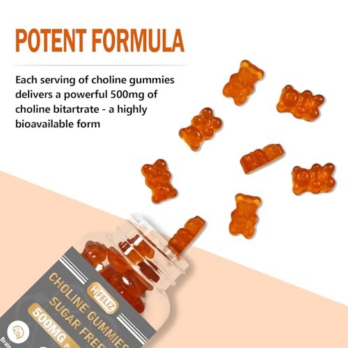 HFELIZ Choline Gummis Zuckerfrei – 500 mg Cholinbitartrat pro Portion, 60 Gummis für Gehirn, Leber, Fokus & Energie