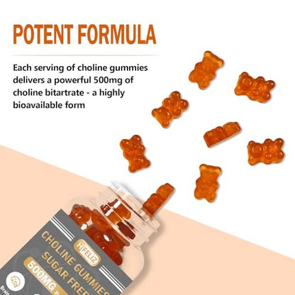 HFELIZ Choline Gummis Zuckerfrei – 500 mg Cholinbitartrat pro Portion, 60 Gummis für Gehirn, Leber, Fokus & Energie
