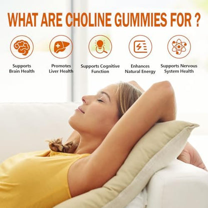 HFELIZ Choline Gummis Zuckerfrei – 500 mg Cholinbitartrat pro Portion, 60 Gummis für Gehirn, Leber, Fokus & Energie