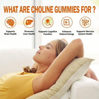 HFELIZ Choline Gummis Zuckerfrei – 500 mg Cholinbitartrat pro Portion, 60 Gummis für Gehirn, Leber, Fokus & Energie