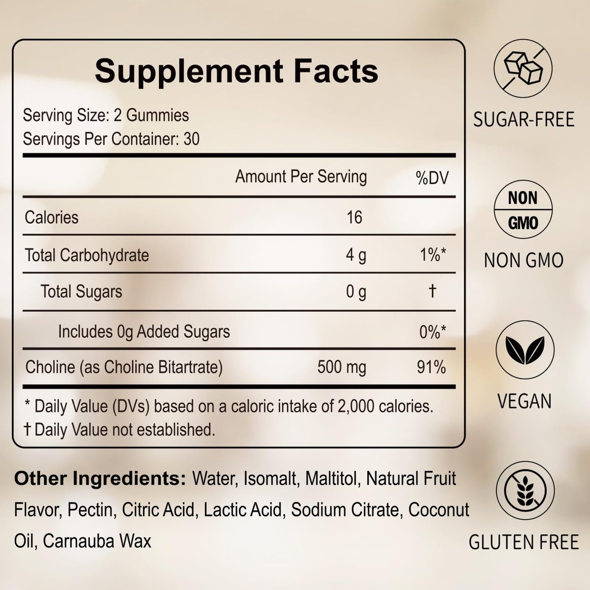 HFELIZ Choline Gummis Zuckerfrei – 500 mg Cholinbitartrat pro Portion, 60 Gummis für Gehirn, Leber, Fokus & Energie