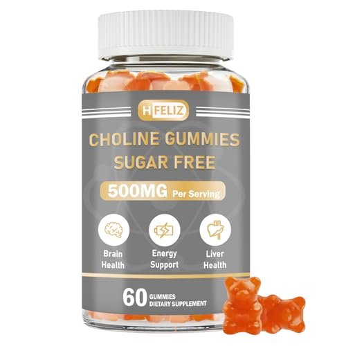 HFELIZ Choline Gummis Zuckerfrei – 500 mg Cholinbitartrat pro Portion, 60 Gummis für Gehirn, Leber, Fokus & Energie