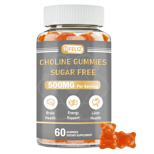HFELIZ Choline Gummis Zuckerfrei – 500 mg Cholinbitartrat pro Portion, 60 Gummis für Gehirn, Leber, Fokus & Energie