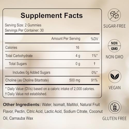 HFELIZ Choline Gummis Zuckerfrei – 500 mg Cholinbitartrat pro Portion, 60 Gummis für Gehirn, Leber, Fokus & Energie