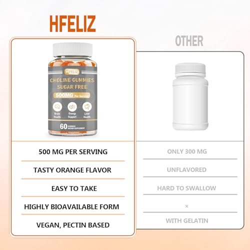 HFELIZ Choline Gummis Zuckerfrei – 500 mg Cholinbitartrat pro Portion, 60 Gummis für Gehirn, Leber, Fokus & Energie