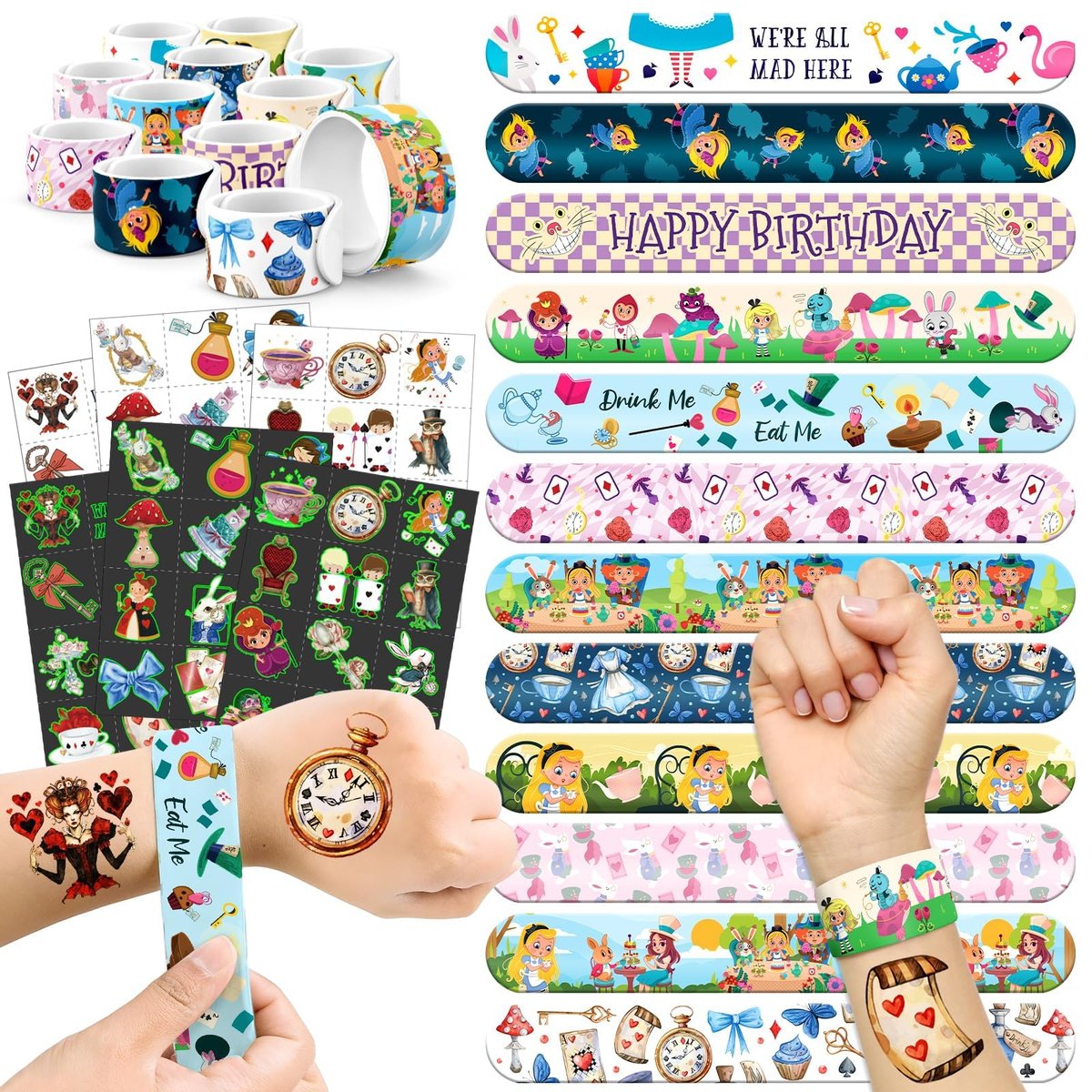 BOIKOKY 96-teiliges Alice im Wunderland Party-Geschenkset - Armbanduhren & Tattoos, Märchen-Prinzessin Geburtstagsgeschenke für Mädchen, Teeparty-Dekoration, Großpackung Spielzeug für Kinder