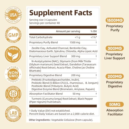 Totaria 2000MG All-in-1 Detox Binder – Aktivkohle, Zeolith, Bentonit-Ton, Alpha-Liponsäure – 7-Schicht-Detox & Reinigung – Leber- & Darmunterstützung – 120 Kapseln