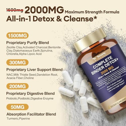 Totaria 2000MG All-in-1 Detox Binder – Aktivkohle, Zeolith, Bentonit-Ton, Alpha-Liponsäure – 7-Schicht-Detox & Reinigung – Leber- & Darmunterstützung – 120 Kapseln