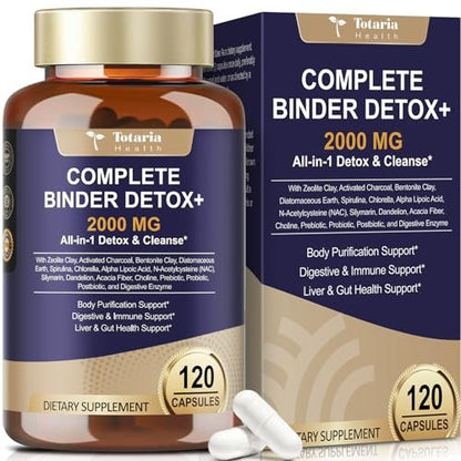 Totaria 2000MG All-in-1 Detox Binder – Aktivkohle, Zeolith, Bentonit-Ton, Alpha-Liponsäure – 7-Schicht-Detox & Reinigung – Leber- & Darmunterstützung – 120 Kapseln