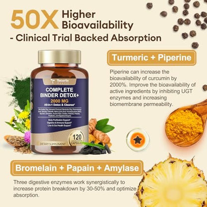 Totaria 2000MG All-in-1 Detox Binder – Aktivkohle, Zeolith, Bentonit-Ton, Alpha-Liponsäure – 7-Schicht-Detox & Reinigung – Leber- & Darmunterstützung – 120 Kapseln
