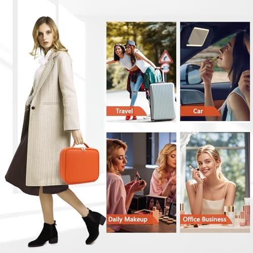 MORMID Makeup Tasche mit Spiegel, LED-Licht 3 Farben und abnehmbarem 10-fach Vergrößerungsspiegel, Große Kosmetiktasche mit verstellbaren Trennwänden, für Frauen und Make-up Artists – Orange