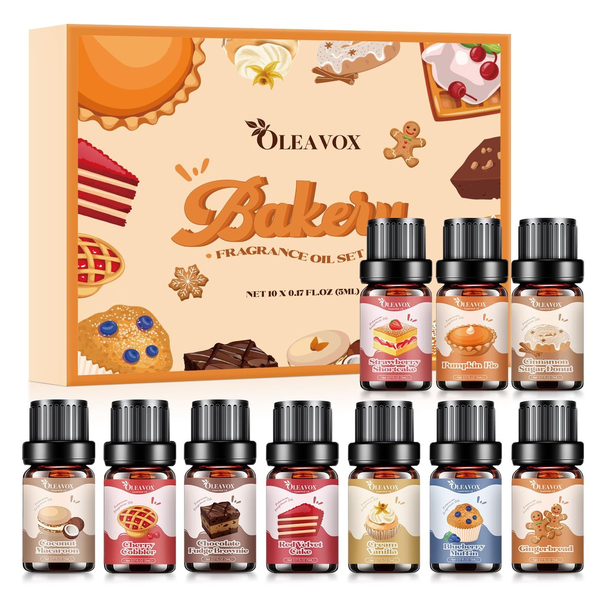 OleaVox Bäckerei Essential Öle Set – Premium Duftöle für Diffuser, Kerzen- & Seifenherstellung, 10x5ml: Kürbiskuchen, Vanillecreme, Lebkuchen, Zimt-Zucker-Donut & mehr