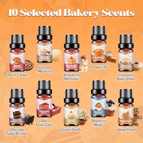 OleaVox Bäckerei Essential Öle Set – Premium Duftöle für Diffuser, Kerzen- & Seifenherstellung, 10x5ml: Kürbiskuchen, Vanillecreme, Lebkuchen, Zimt-Zucker-Donut & mehr