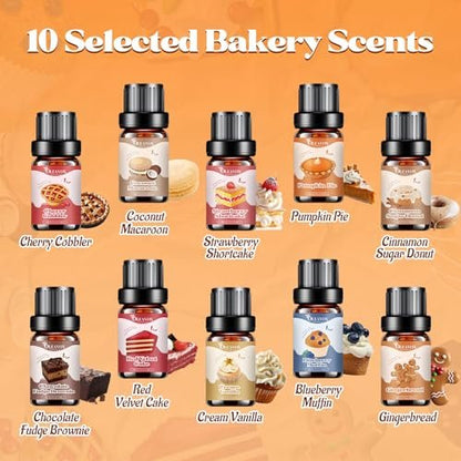 OleaVox Bäckerei Essential Öle Set – Premium Duftöle für Diffuser, Kerzen- & Seifenherstellung, 10x5ml: Kürbiskuchen, Vanillecreme, Lebkuchen, Zimt-Zucker-Donut & mehr