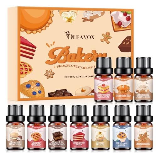 OleaVox Bäckerei Essential Öle Set – Premium Duftöle für Diffuser, Kerzen- & Seifenherstellung, 10x5ml: Kürbiskuchen, Vanillecreme, Lebkuchen, Zimt-Zucker-Donut & mehr