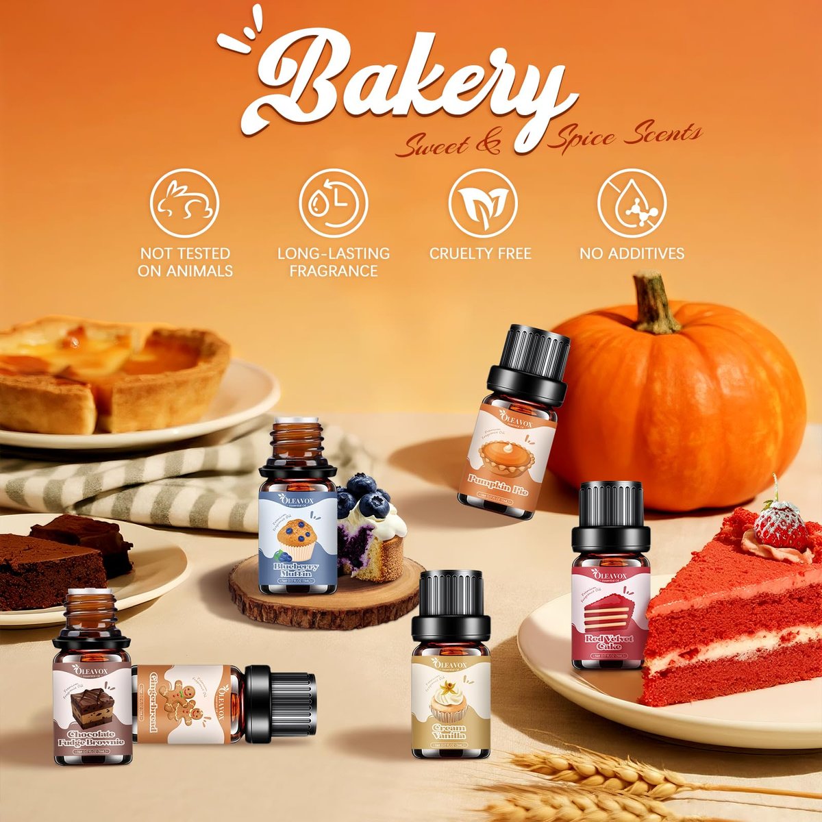 OleaVox Bäckerei Essential Öle Set – Premium Duftöle für Diffuser, Kerzen- & Seifenherstellung, 10x5ml: Kürbiskuchen, Vanillecreme, Lebkuchen, Zimt-Zucker-Donut & mehr