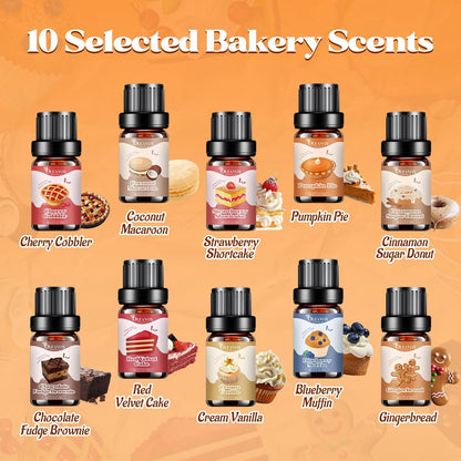 OleaVox Bäckerei Essential Öle Set – Premium Duftöle für Diffuser, Kerzen- & Seifenherstellung, 10x5ml: Kürbiskuchen, Vanillecreme, Lebkuchen, Zimt-Zucker-Donut & mehr