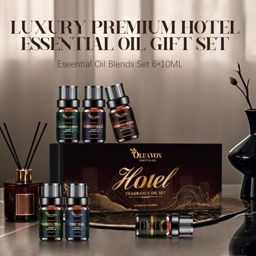 Hotel Diffuser Oils Geschenkset – Luxuriöse Duftöle für Aromadiffusoren, Kerzen- und Seifenherstellung – Jasmin & Minze, Weißer Tee, The Way, Dream State, Hotel Lobby, Crystallé (6 x 10 ml)