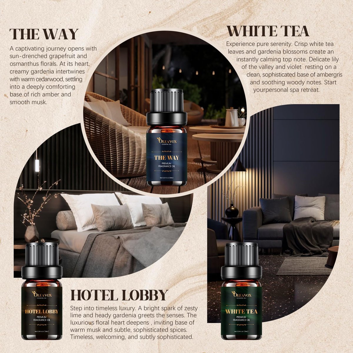 Hotel Diffuser Oils Geschenkset – Luxuriöse Duftöle für Aromadiffusoren, Kerzen- und Seifenherstellung – Jasmin & Minze, Weißer Tee, The Way, Dream State, Hotel Lobby, Crystallé (6 x 10 ml)
