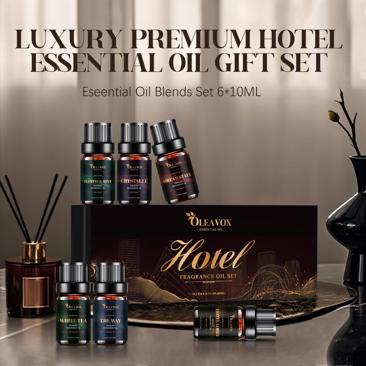Hotel Diffuser Oils Geschenkset – Luxuriöse Duftöle für Aromadiffusoren, Kerzen- und Seifenherstellung – Jasmin & Minze, Weißer Tee, The Way, Dream State, Hotel Lobby, Crystallé (6 x 10 ml)