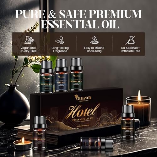Hotel Diffuser Oils Geschenkset – Luxuriöse Duftöle für Aromadiffusoren, Kerzen- und Seifenherstellung – Jasmin & Minze, Weißer Tee, The Way, Dream State, Hotel Lobby, Crystallé (6 x 10 ml)