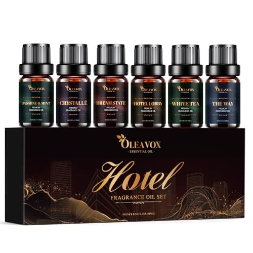 Hotel Diffuser Oils Geschenkset – Luxuriöse Duftöle für Aromadiffusoren, Kerzen- und Seifenherstellung – Jasmin & Minze, Weißer Tee, The Way, Dream State, Hotel Lobby, Crystallé (6 x 10 ml)