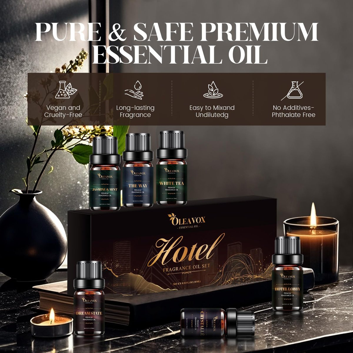 Hotel Diffuser Oils Geschenkset – Luxuriöse Duftöle für Aromadiffusoren, Kerzen- und Seifenherstellung – Jasmin & Minze, Weißer Tee, The Way, Dream State, Hotel Lobby, Crystallé (6 x 10 ml)