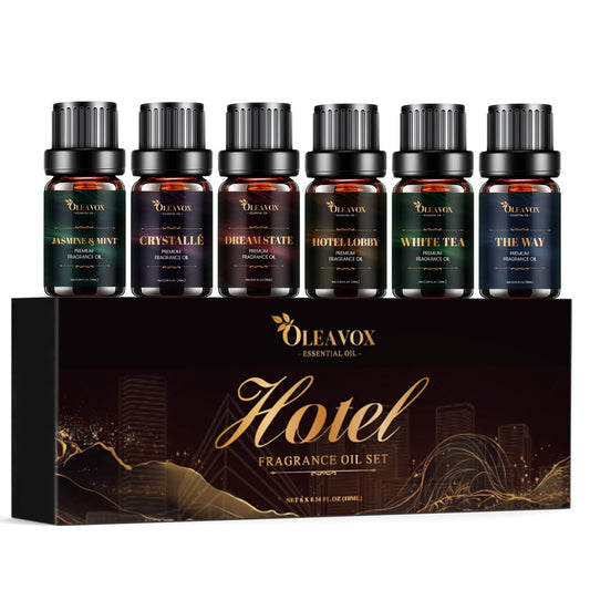 Hotel Diffuser Oils Geschenkset – Luxuriöse Duftöle für Aromadiffusoren, Kerzen- und Seifenherstellung – Jasmin & Minze, Weißer Tee, The Way, Dream State, Hotel Lobby, Crystallé (6 x 10 ml)