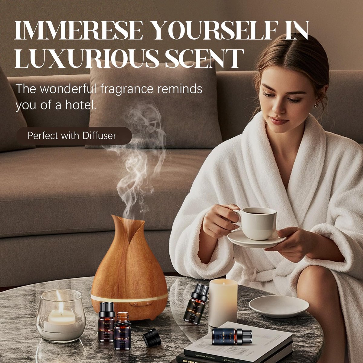 Hotel Diffuser Oils Geschenkset – Luxuriöse Duftöle für Aromadiffusoren, Kerzen- und Seifenherstellung – Jasmin & Minze, Weißer Tee, The Way, Dream State, Hotel Lobby, Crystallé (6 x 10 ml)