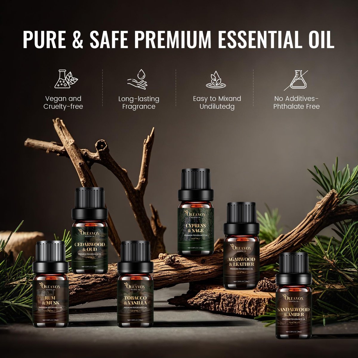 Herren Ätherische Öle Geschenkset, Premium Duftöle für Diffuser zu Hause, Kerzen- & Seifendüfte, Agarholz & Leder, Tabak & Vanille, Sandelholz & Amber, Zypresse & Salbei, Rum & Moschus, Zedernholz & Oud