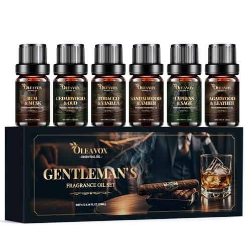 Herren Ätherische Öle Geschenkset, Premium Duftöle für Diffuser zu Hause, Kerzen- & Seifendüfte, Agarholz & Leder, Tabak & Vanille, Sandelholz & Amber, Zypresse & Salbei, Rum & Moschus, Zedernholz & Oud