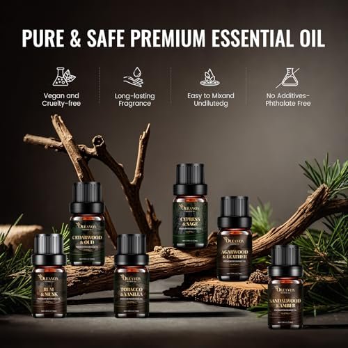 Herren Ätherische Öle Geschenkset, Premium Duftöle für Diffuser zu Hause, Kerzen- & Seifendüfte, Agarholz & Leder, Tabak & Vanille, Sandelholz & Amber, Zypresse & Salbei, Rum & Moschus, Zedernholz & Oud