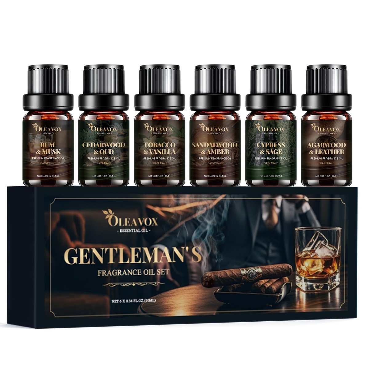 Herren Ätherische Öle Geschenkset, Premium Duftöle für Diffuser zu Hause, Kerzen- & Seifendüfte, Agarholz & Leder, Tabak & Vanille, Sandelholz & Amber, Zypresse & Salbei, Rum & Moschus, Zedernholz & Oud