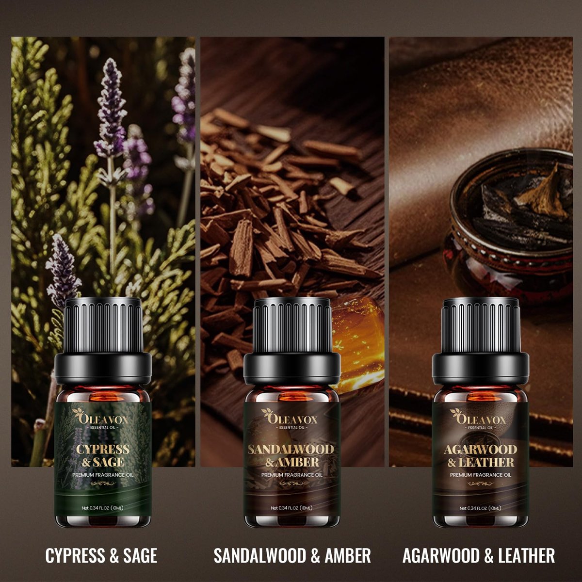 Herren Ätherische Öle Geschenkset, Premium Duftöle für Diffuser zu Hause, Kerzen- & Seifendüfte, Agarholz & Leder, Tabak & Vanille, Sandelholz & Amber, Zypresse & Salbei, Rum & Moschus, Zedernholz & Oud