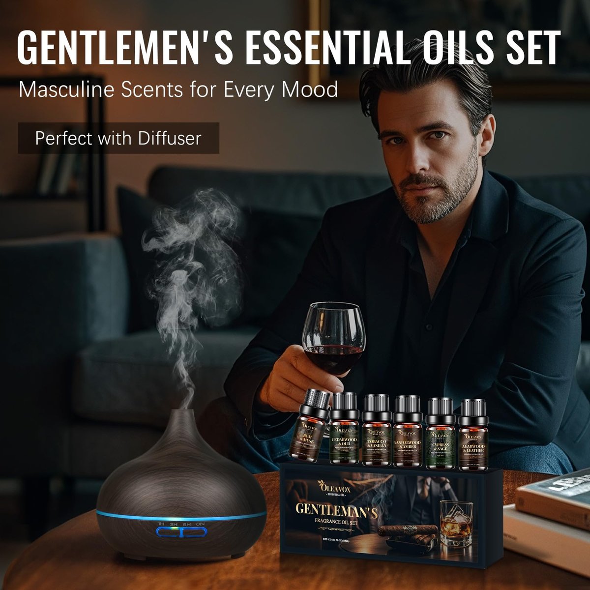 Herren Ätherische Öle Geschenkset, Premium Duftöle für Diffuser zu Hause, Kerzen- & Seifendüfte, Agarholz & Leder, Tabak & Vanille, Sandelholz & Amber, Zypresse & Salbei, Rum & Moschus, Zedernholz & Oud