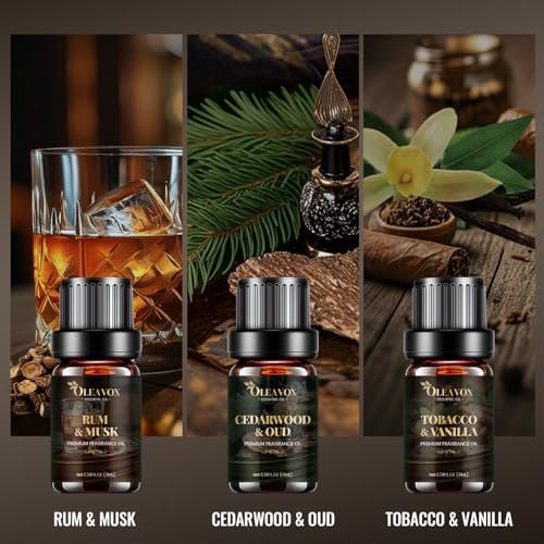 Herren Ätherische Öle Geschenkset, Premium Duftöle für Diffuser zu Hause, Kerzen- & Seifendüfte, Agarholz & Leder, Tabak & Vanille, Sandelholz & Amber, Zypresse & Salbei, Rum & Moschus, Zedernholz & Oud
