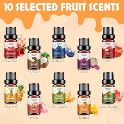 Fruchtige ätherische Öle Geschenkset, Premium Duftöl für Kerzen- und Seifenherstellung, Kokosnuss, Erdbeere, Ananas, Mango, Pfirsich, Apfel, 10x5 ml Aromatherapie-Diffuseröle für Zuhause