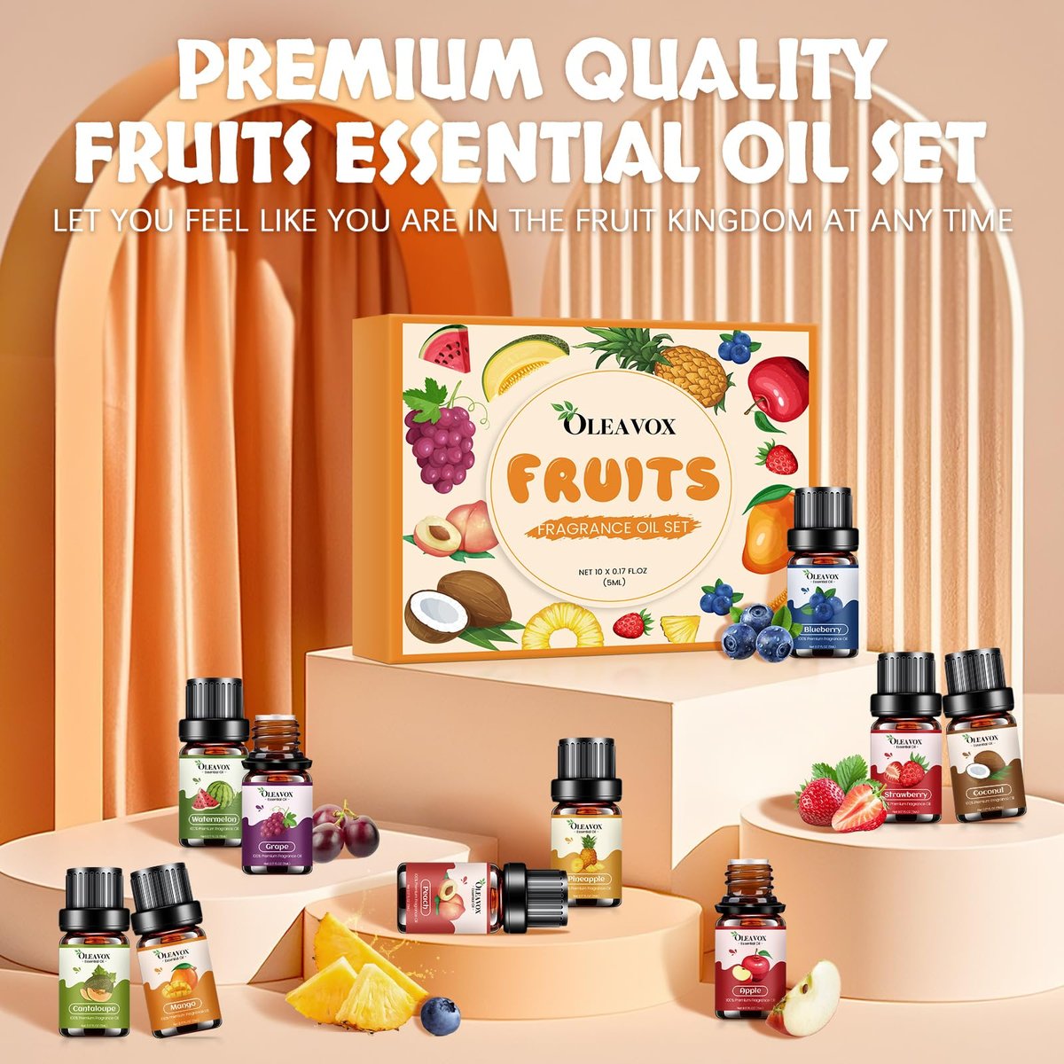 Fruchtige ätherische Öle Geschenkset, Premium Duftöl für Kerzen- und Seifenherstellung, Kokosnuss, Erdbeere, Ananas, Mango, Pfirsich, Apfel, 10x5 ml Aromatherapie-Diffuseröle für Zuhause
