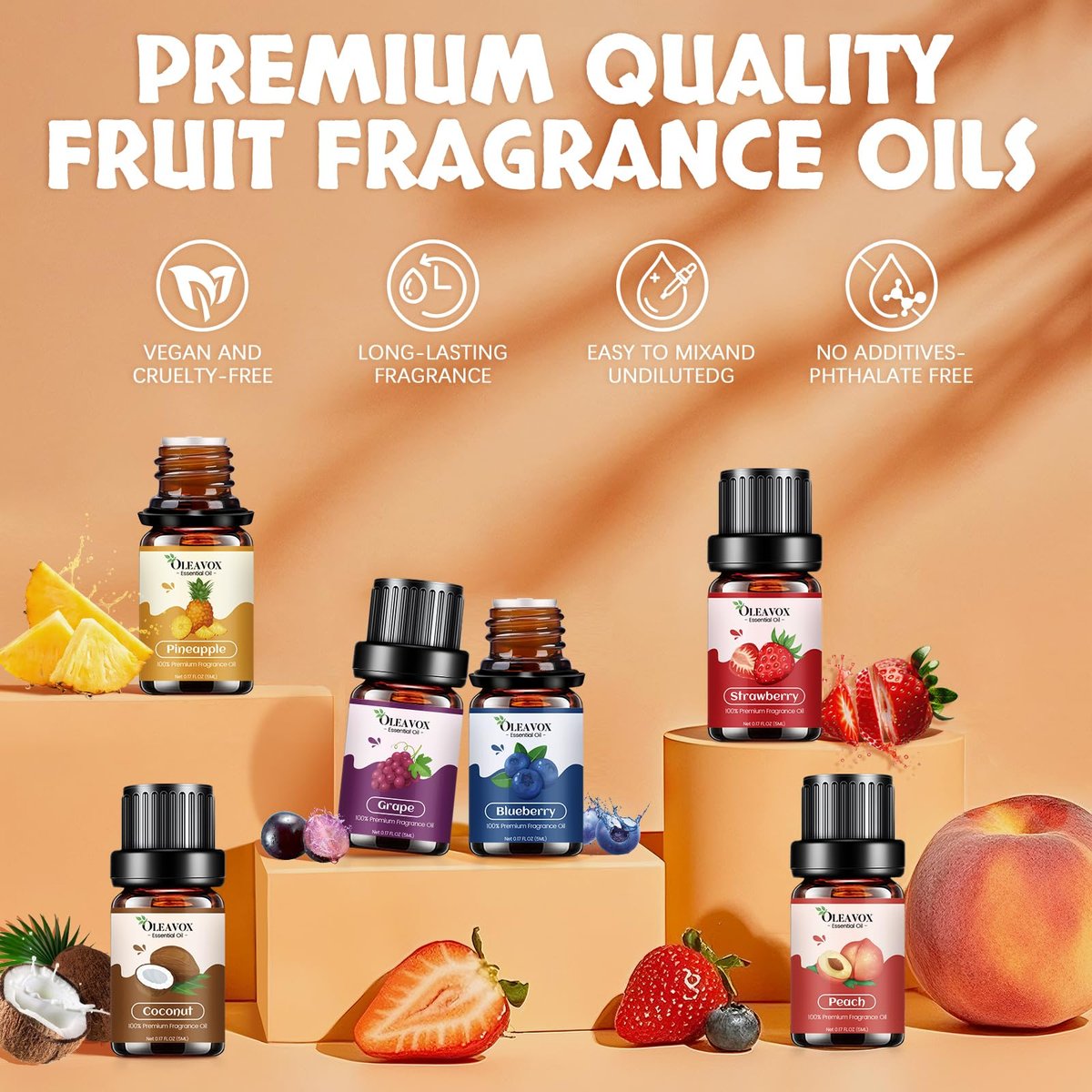 Fruchtige ätherische Öle Geschenkset, Premium Duftöl für Kerzen- und Seifenherstellung, Kokosnuss, Erdbeere, Ananas, Mango, Pfirsich, Apfel, 10x5 ml Aromatherapie-Diffuseröle für Zuhause
