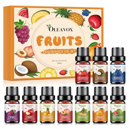 Fruchtige ätherische Öle Geschenkset, Premium Duftöl für Kerzen- und Seifenherstellung, Kokosnuss, Erdbeere, Ananas, Mango, Pfirsich, Apfel, 10x5 ml Aromatherapie-Diffuseröle für Zuhause