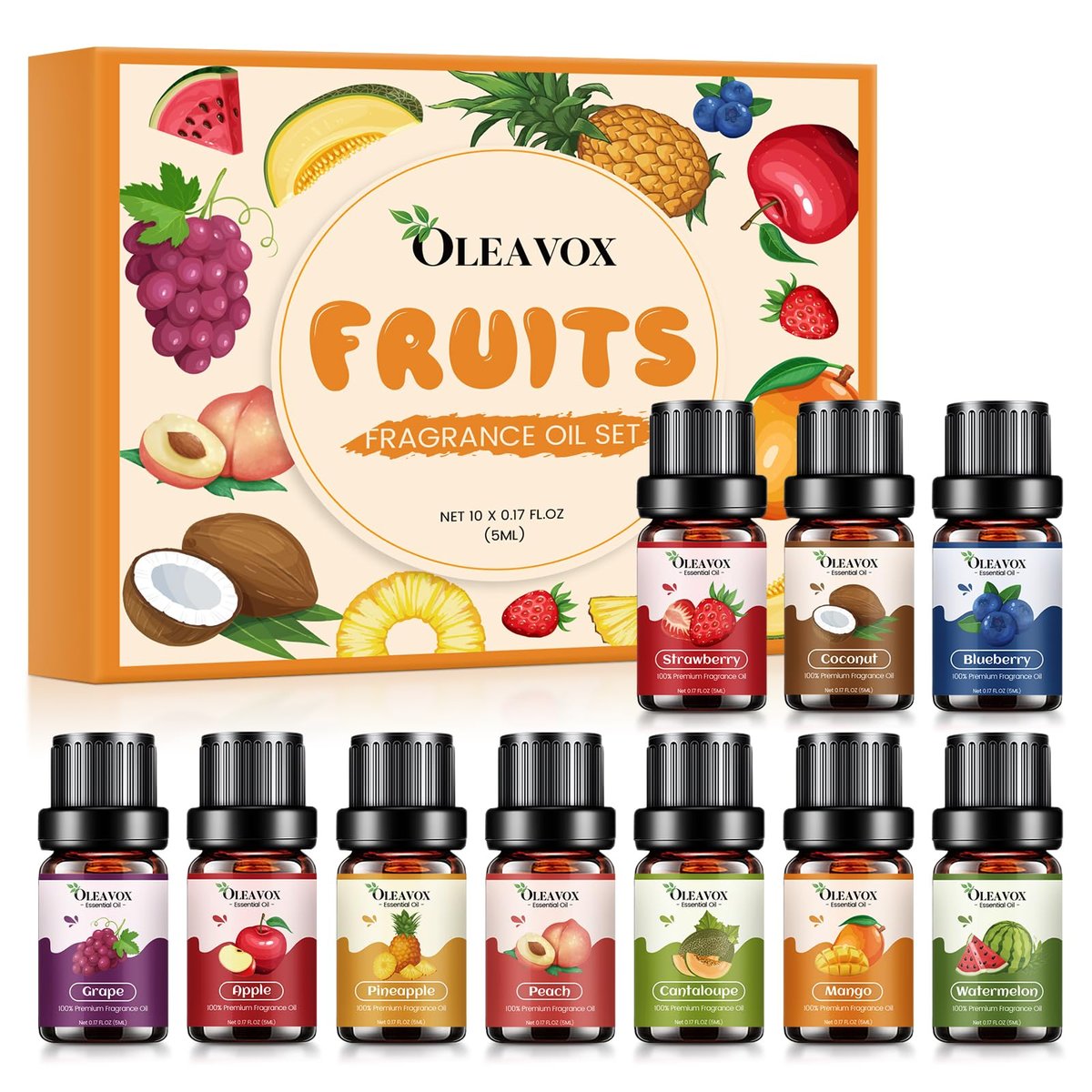 Fruchtige ätherische Öle Geschenkset, Premium Duftöl für Kerzen- und Seifenherstellung, Kokosnuss, Erdbeere, Ananas, Mango, Pfirsich, Apfel, 10x5 ml Aromatherapie-Diffuseröle für Zuhause