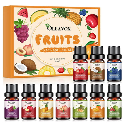 Fruchtige ätherische Öle Geschenkset, Premium Duftöl für Kerzen- und Seifenherstellung, Kokosnuss, Erdbeere, Ananas, Mango, Pfirsich, Apfel, 10x5 ml Aromatherapie-Diffuseröle für Zuhause
