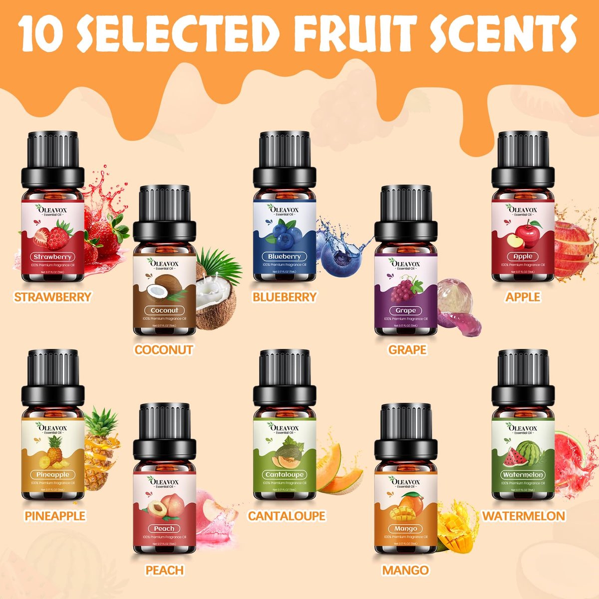 Fruchtige ätherische Öle Geschenkset, Premium Duftöl für Kerzen- und Seifenherstellung, Kokosnuss, Erdbeere, Ananas, Mango, Pfirsich, Apfel, 10x5 ml Aromatherapie-Diffuseröle für Zuhause