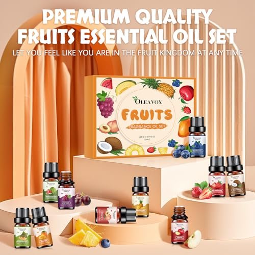 Fruchtige ätherische Öle Geschenkset, Premium Duftöl für Kerzen- und Seifenherstellung, Kokosnuss, Erdbeere, Ananas, Mango, Pfirsich, Apfel, 10x5 ml Aromatherapie-Diffuseröle für Zuhause