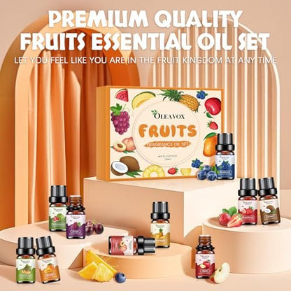 Fruchtige ätherische Öle Geschenkset, Premium Duftöl für Kerzen- und Seifenherstellung, Kokosnuss, Erdbeere, Ananas, Mango, Pfirsich, Apfel, 10x5 ml Aromatherapie-Diffuseröle für Zuhause