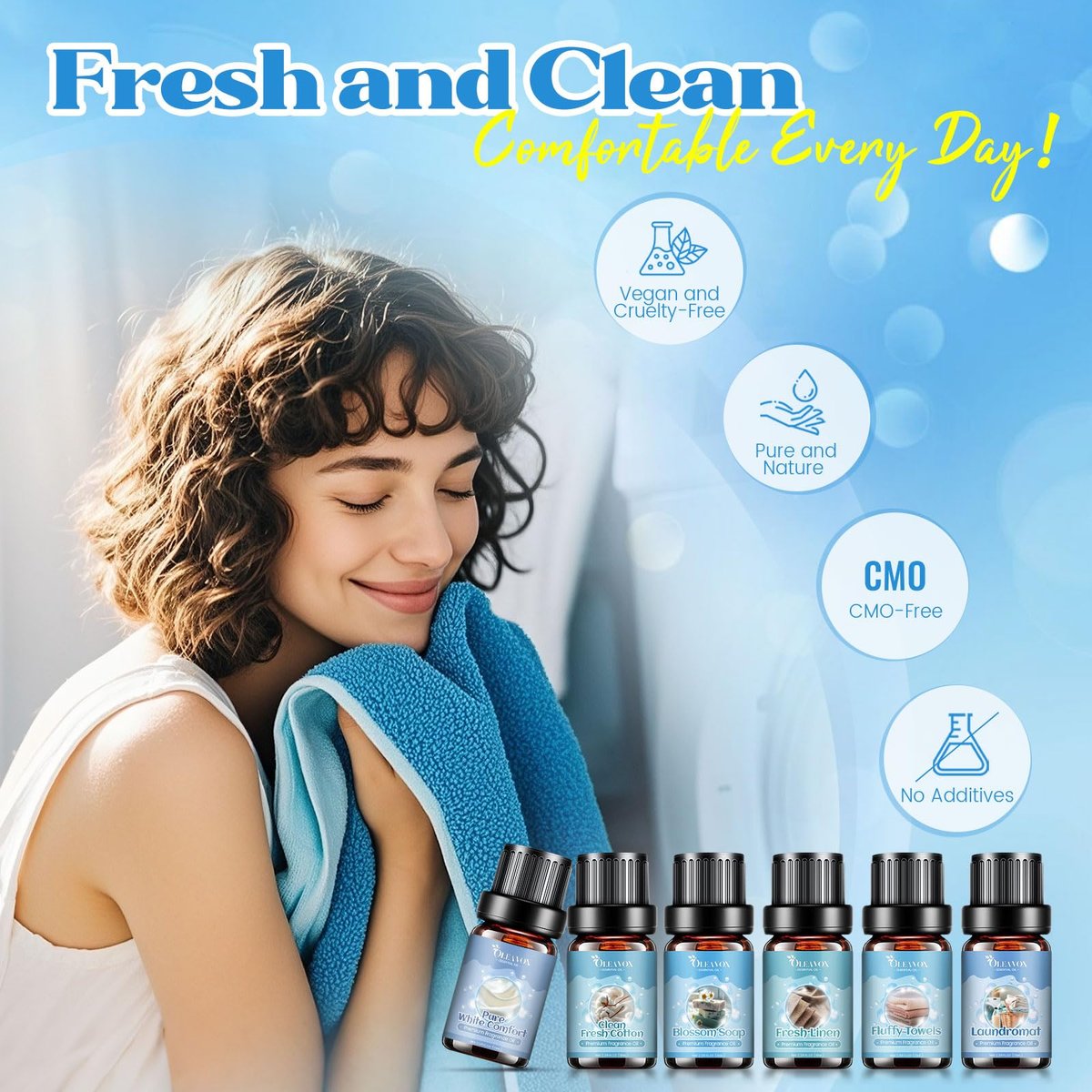 OleaVox Ätherische Öle für die Wäsche, Duftöl für Diffuser, Zuhause, Kerzen- & Seifenherstellung, Frische Wäsche, Baumwolle, Waschsalon, Blütenduft, reiner weißer Komfort, flauschige Handtücher, stark duftende Öle (6 x 10 ml)